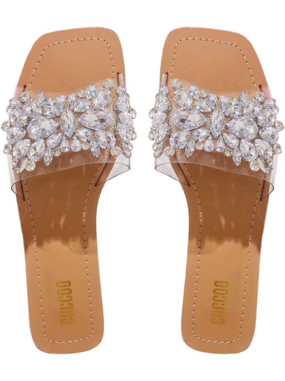 Women's Silver Khaki Rhinestone Flat Square Toe Slides Sparkle Transparent Shoes